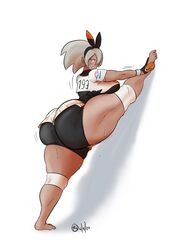 1girls ass barefoot bea_(pokemon) big_ass bottom_heavy dark-skinned_female dark_skin female gloves grey_hair hair_ribbon huge_ass huge_breasts huge_thighs human large_ass muscular_female naughty_face nintendo pokemon pokemon_ss rchammer seductive sweat thick_ass thick_thighs thighs white_background wide_hips