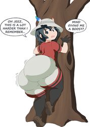 1girls aged_up ass big_ass black_eyes black_hair bottom_heavy eye_contact female gloves hat high_resolution huge_ass huge_thighs kaban_(kemono_friends) kemono_friends large_ass looking_at_viewer pale-skinned_female pale_skin short_hair shorts speech_bubble text the_tits_of_mio thick_ass thick_thighs thighs tight_shorts voluptuous white_background