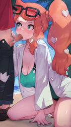 1boy 1girls 2021 alternate_breast_size bare_legs beach blue_sky blush breasts censored censored_penis cleavage cock_worship competition_swimsuit drooling fellatio female female_focus glasses glasses_on_head hi_res hizake human kashu_(hizake) kneeling kneeling_blowjob kneeling_oral_position lab_coat labcoat large_breasts looking_up male medium_hair mosaic_censoring nail_polish nintendo one-piece_swimsuit oral orange_hair outdoors painted_nails pants_down penis penis_in_mouth pokemon pokemon_professor pokemon_protagonist pokemon_ss red_shirt saliva_on_penis sand side_ponytail sonia_(pokemon) swimsuit teal_eyes thick_thighs thighs tight_clothing tight_swimsuit tree victor_(pokemon) visible_breath water white_coat