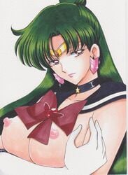 bishoujo_senshi_sailor_moon breasts exposed_breasts female female_only green_hair holding_breasts long_hair looking_at_viewer medium_breasts nipples rascal_(n119) sailor_collar sailor_pluto serafuku setsuna_meiou solo tagme