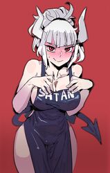 apron blush bow_(bhp) demon demon_girl demon_tail helltaker horns looking_at_viewer lucifer_(helltaker) red_background red_eyes simple_background solo solo_female tail tight_clothing white_hair white_horn