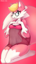 1girls blonde_hair breasts canine canis chemise cute_fang eyewear fangs female female_only fluffy_tail fox fur furry glasses gloves_(marking) hips hybrid lingerie mammal medium_breasts nightgown pink_fur short_hair smile socks_(marking) solo solo_female tail two_tone_fur white_fur whygena wide_hips wolf