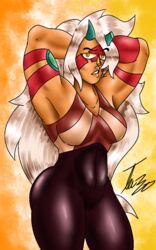 1girls abs armpits ass big_breasts blonde_hair breasts female female_only flexing gem_(species) horns huge_ass huge_breasts jasper_(steven_universe) leggings long_hair looking_at_viewer muscular muscular_female orange_background orange_skin pose reflection solo solo_female spanked steven_universe steven_universe_future stretching stripes thick_thighs thin_waist tight_clothing white_background white_hair wide_hips yellow_background yellow_eyes