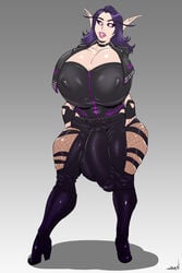 1futa big_breasts black_sclera breasts bulge bursting_breasts cleavage dickgirl dsan elf erection_under_clothes futa_only futanari huge_breasts huge_penis large_breasts large_testicles long_hair looking_at_viewer penis_under_clothes pink_eyes pointy_ears puffy_nipples purple_hair solo solo_futa standing thick_thighs thighhighs tight_clothing