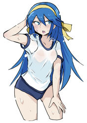 1girls 2019 arm_up bare_arms blue_eyes blue_hair blush bow breasts buruma eyebrows_visible_through_hair eyes_visible_through_hair female female_only fire_emblem fire_emblem_awakening gym_uniform hair_between_eyes hair_ribbon hairband hand_on_leg highres long_hair lucina_(fire_emblem) matching_hair/eyes nintendo open_mouth ribbon see-through simple_background small_breasts smell solo standing sweat sweating sweaty teeth thighs tongue very_long_hair wet wet_clothes white-stew white_background yellow_hairband