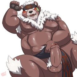 1:1 2020 absurd_res anthro balls barazoku belly brown_body brown_fur clothing erection fur genitals hi_res humanoid_genitalia humanoid_hands humanoid_penis kemono kimun_kamui_(tokyo_afterschool_summoners) loincloth male male_only mammal moobs musclegut nipples overweight overweight_male penis pubes simple_background solo tokyo_afterschool_summoners ursid v2wolf video_games white_background