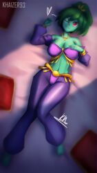 bed belly_dancer_outfit cosplay fillin_the_blank green_hair green_skin laying_down red_eyes rottytops shantae smooth_skin wayforward wink winking_at_viewer zombie_girl