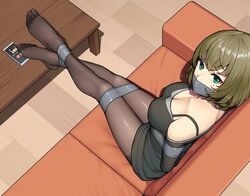 1girls arms_behind_back bondage bound female_only gag gagged gbeeee green_eyes idolmaster pantyhose sofa solo takagaki_kaede tape tape_gag taped_mouth