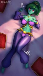 bed belly_dancer_outfit cosplay fillin_the_blank green_hair green_skin laying_down looking_at_viewer red_eyes rottytops shantae smooth_skin wayforward zombie_girl