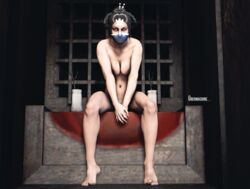 1girls 3d 3d_(artwork) breasts feet female female_only kitana mask mortal_kombat naked sitting solo ubermachineworks