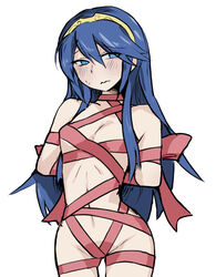 1girls 2019 arms_behind_back bad_censor blue_eyes blue_hair blush bow breasts censored cleavage covered_nipples covering covering_crotch embarrassed eyebrows_visible_through_hair eyes_visible_through_hair female female_only fire_emblem fire_emblem_awakening hair_between_eyes half-closed_eyes highres long_hair looking_away lucina_(fire_emblem) matching_hair/eyes naked_ribbon navel nintendo red_ribbon restrained ribbon ribbon_bondage simple_background small_breasts solo standing sweat sweatdrop thigh_gap thighs tiara tied_up very_long_hair wavy_mouth white-stew white_background