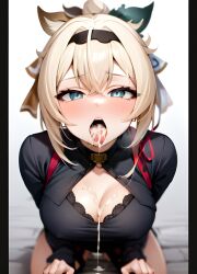 ai_generated blonde_hair blush cleavage cum cum_in_mouth cum_on_breasts hololive holox kazama_iroha kneeling open_mouth stable_diffusion tongue_out virtual_youtuber