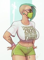 1girls 2020 big_breasts booty_shorts bracelets breasts devil_hs earrings face_mask female female_only green_hair huge_breasts mask midriff navel side_shave solo sunglasses tattoo text