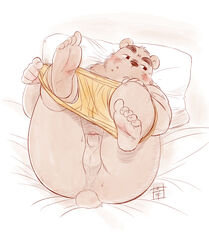 2020 absurd_res anthro ass balls blush bodily_fluids brown_body brown_fur clothing fur genitals hi_res humanoid_hands kemono koda-kota lying male male_only mammal overweight overweight_male penis pillow solo sweat underwear undressing ursid