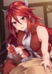 1boy 1girls bangs bare_shoulders blush breasts censored cordelia_(fire_emblem) covered_nipples dress erection female female_focus fire_emblem fire_emblem_awakening handjob highres long_hair looking_at_viewer male_pov medium_breasts mosaic_censoring nintendo open_mouth penis pov red_dress red_eyes red_hair red_thighhighs short_dress smile solo_focus straight thighhighs thighs tsuki_tokage wing_hair_ornament