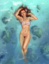 ariel barefoot bottomless casual disney female human krysdecker neckwear pale_skin pubes pubic_hair pussy red_hair shell_bikini swimming swimwear the_little_mermaid water