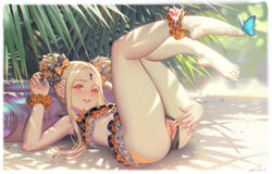 :d abigail_williams_(fate/grand_order) alphonse_(white_datura) ass barefoot bikini blonde_hair blush bow bug butterfly censored double_bun fate/grand_order fate_(series) female forehead hairbow heart heart-shaped_pupils highres insects long_hair looking_at_viewer lying mosaic_censoring on_back open_mouth polka_dot polka_dot_bow pussy red_eyes smile solo spread_pussy swimsuit symbol-shaped_pupils teeth