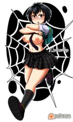 1girls aged_up areolae asian backpack bag black_hair blush breasts breasts_out clothing comicomryu female female_only footwear human looking_at_viewer marvel navel necktie nipples no_nose open_mouth pale_skin peni_parker running school_uniform shirt_lift short_hair skirt socks solo spider-man:_into_the_spider-verse spider-man_(series) undressing