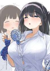 2019 2girls bangs between_breasts black_hair blue_bow blue_eyes blush bow bowtie bowtie_removed bra bra_peek breasts brown_hair buttons closed_eyes collarbone cooling_off dress_shirt electric_fan fan female female_only hair_between_eyes heat highres huge_breasts kaisen_chuui long_hair long_sleeves multiple_girls open_collar open_mouth original revision school_uniform shirt short_hair side_ponytail simple_background striped striped_bow sweat underwear upper_body white_background white_shirt