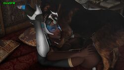 1animal 1girls 3d animated animated_gif big_ass black_hair canine dark-skinned_female dicesfm dog german_shepherd gif legs_up lying mating_press nude_female overwatch source_filmmaker symmetra vaginal_penetration vicesfm zoophilia