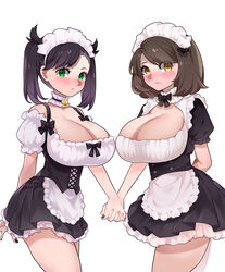 2girls aged_up big_breasts black_hair black_nails brown_hair eye_contact female female_only fully_clothed gloria_(pokemon) green_eyes huge_breasts human human_only large_breasts looking_at_viewer maid maid_headdress maid_uniform marnie_(pokemon) nail_polish nintendo pale-skinned_female pale_skin pokemon pokemon_ss short_hair sumisumii thick_thighs thighs twintails white_background yellow_eyes