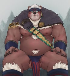 2020 anthro balls belly bulge chizo clothing genitals hi_res kimun_kamui_(tokyo_afterschool_summoners) loincloth male male_only mammal moobs navel nipples overweight overweight_male sitting solo tokyo_afterschool_summoners ursid video_games