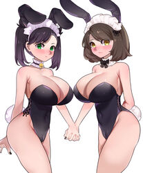 2girls aged_up alternate_version_available big_breasts black_hair black_nails brown_hair bunny_ears bunny_tail bunnysuit eye_contact female female_only gloria_(pokemon) green_eyes huge_breasts human human_only large_breasts leotard looking_at_viewer marnie_(pokemon) nintendo pale-skinned_female pale_skin pokemon pokemon_ss short_hair sumisumii thick_thighs thighs twintails white_background yellow_eyes