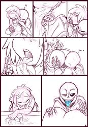 1boy 1girls ass_grab bite blue_tongue breast_grab comic female female_frisk female_human fingers_in_mouth frisk from_behind human kayla-na male male/female near_monochrome oral saliva sans skeleton sketch straight tagme tongue tongue_out undertale