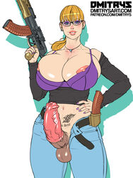 1futa animal_genitalia big_breasts big_penis dmitrys equine_penis erection futanari gun horsecock horsecock_futanari huge_breasts human_with_animal_genitalia jeans katherine_(dmitrys) looking_at_viewer milf solo_futa standing tattoo weapon