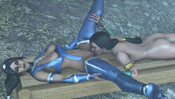 2girls 3d 3d_(artwork) ass breasts dark-skinned_female dark_skin female female_only interracial interracial_yuri jade_(mortal_kombat) kitana larryjohnsonsfm mortal_kombat oral pussy spread_legs yuri