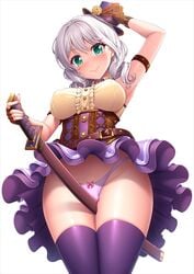 1futa aqua_eyes arm_strap armpits bang_dream! bangs bare_shoulders beige_blouse belt between_thighs blouse blush bottomless braid breasts brown_gloves collared_blouse collared_shirt cowboy_shot earrings eyebrows_visible_through_hair fingerless_gloves frills futa_only futanari gloves groin hair_between_eyes hand_on_headwear hat high-waist_skirt holding holding_sword holding_weapon jewelry lambda_(kusowarota) large_breasts long_hair looking_at_viewer open_mouth pantsu penis_bulge purple_headwear purple_panties purple_skirt ribbon scabbard sheathed shirt sidelocks simple_background skirt sleeveless_blouse smile solo sword thighs tied_hair underwear wakamiya_eve weapon white_background white_hair