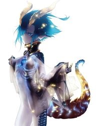 2018 5_fingers absurd_res animal_humanoid barely_visible_genitalia barely_visible_pussy blue_body blue_eyes blue_hair blue_scales breasts clothed clothing dragon dragon_girl dragon_humanoid female fingers genitals hair hi_res horn humanoid monster_girl monster_girl_doctor monster_musume_no_oisha-san official_art portrait pupils pussy ribcage scales simple_background skadi_dragenfelt slit_pupils small_breasts solo three-quarter_portrait translucent translucent_clothing white_background z-ton