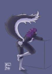 anthro anus ass bent_over breasts digital_media_(artwork) female full-length_portrait fur genitals hair hi_res looking_at_viewer mammal mephitid multicolored_body multicolored_fur mustelid musteline nirakobo open_mouth portrait presenting presenting_pussy purple_hair pussy red_eyes signature simple_background skunk solo spread_legs spreading striped_skunk two_tone_body two_tone_fur