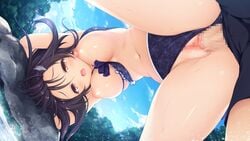 1boy bikini_pull black_hair breasts censored day female floral_print game_cg highres large_breasts long_hair mikagami_mamizu mosaic_censoring navel nipples official_art open_mouth outdoors penis pieces_/_wataridori_no_somnium pussy sex solo_focus straight takanashi_tsumugi_(pieces) upside-down vaginal_penetration water