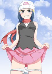 absurdres black_shirt blue_eyes blue_hair blush bow_panties breasts cloud cowboy_shot dawn_(pokemon) day female floating_hair grin hair_ornament hairclip hat highres lifted_by_self long_hair looking_at_viewer miniskirt negimiso1989 nintendo outdoors panties panty_pull pink_skirt pokemon pokemon_dppt pussy_juice red_scarf scarf shiny shiny_hair shirt skirt skirt_lift sleeveless sleeveless_shirt small_breasts smile solo standing underwear very_long_hair white_headwear white_panties