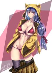 1girls abra_(cosplay) alternate_costume bikini blue_hair breasts cosplay human large_breasts long_hair nintendo pink_bikini pokemon pokemon_(cosplay) pokemon_rgby red_eyes sabrina_(pokemon) skirt_down solo solo_female takecha thick_thighs thighhighs thighs