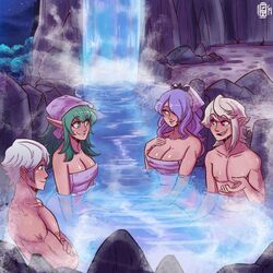 2boys 2girls bath_towel bathing big_breasts breasts camilla_(fire_emblem) camilla_(hot_springs)_(fire_emblem) corrin_(fire_emblem) corrin_(fire_emblem)_(male) deepbeef female fire_emblem fire_emblem_awakening fire_emblem_fates fire_emblem_heroes green_hair hot_spring large_breasts male multiple_boys multiple_girls muscular_male pointy_ears ponytail purple_hair robin_(fire_emblem) robin_(fire_emblem)_(male) scruffyturtles tiki_(adult)_(fire_emblem) tiki_(fire_emblem) white_hair wholesome