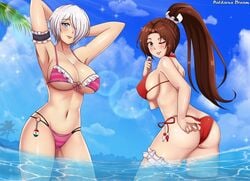 2girls angel_(kof) big_breasts bikini blue_eyes brown_eyes brown_hair detailed_background female_only king_of_fighters long_hair mai_shiranui multiple_girls patdarux ponytail pose short_hair thick_thighs white_hair