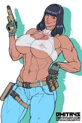 1girls abs breasts cindy_landolt dmitrys erect_nipples female female_only gun highres huge_breasts jeans muscles muscular_female naughty_face nipples seductive seductive_smile see-through_top smile solo tank_top thick_thighs weapon