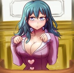 1girls ace_attorney alternate_costume april_may april_may_(cosplay) background big_breasts blue_eyes blue_hair blush breasts byleth_(fire_emblem) byleth_(fire_emblem)_(female) cleavage cosplay courtroom crossover eyes eyes_half_open female female_only fire_emblem fire_emblem:_three_houses gyakuten_saiban large_breasts long_hair mouth mouth_open nintendo small_mouth solo willanator