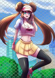 big_breasts blue_eyes brown_hair double_bun female female_only human long_hair nintendo pokemon pokemon_bw2 rosa_(pokemon) solo solo_female solo_focus thighhighs willanator