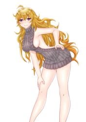 1girls bare_legs blonde_hair female female_only light-skinned_female light_skin looking_at_viewer peka peka_35 purple_eyes rwby simple_background solo virgin_killer_sweater white_background yang_xiao_long