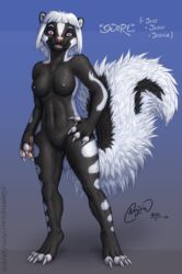 anthro black_body black_fur claws female fur hi_res mammal mephitid nayrin pink_eyes skunk solo swirl