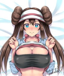 1girls alternate_breast_size big_breasts blue_eyes blush blushing brown_hair double_bun eye_contact female female_focus female_only human human_only large_breasts looking_at_viewer nails nintendo pokemon pokemon_bw2 rosa_(pokemon) shirt_lift smile solo solo_female solo_focus takecha twintails