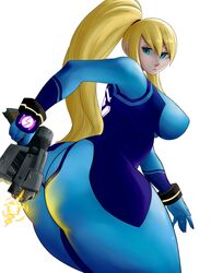 arched_back ass beauty_mark big_ass big_breasts bimbo blonde_hair blue_eyes bodysuit curvy female female_only gun highres long_hair looking_at_viewer lyn_nyl metroid nintendo ponytail samus_aran sideboob simple_background solo solo_female solo_focus thick_thighs very_long_hair zero_suit zero_suit_samus