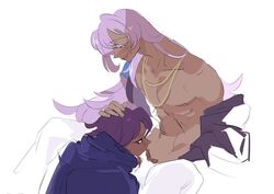 2boys anthro blowjob cookie cookie_run dark-skinned_femboy dark-skinned_male dark_skin digital_media_(artwork) femboy gay lilac_cookie long_hair necklace purple_hair shirtless short_hair simple_background sketch tan_skin white_background yaoi yogurt_cream_cookie