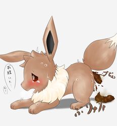 ambiguous_gender blush bodily_fluids eevee feces feral hi_res japanese_text nekosuna5115 nintendo open_mouth pokémon_(species) pokemon pokemon_(species) scat shaking solo sweat tears text trembling video_games