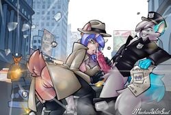 anthro anthro_on_anthro anus ass ball_fondling balls bethesda_softworks billboard blue_body blue_fur blue_hair blue_tail bodily_fluids breasts bullet canid canine cervid city clothed clothed_sex clothing cum cum_on_penis cumshot duo_focus ejaculation fallout female fondling fur furry garter_straps genital_fluids genitals glans grey_balls grey_body grey_fur grey_tail group gun hair hand_on_balls hat headgear headwear hi_res holding_paper legwear machine_gun machinewithsoul mammal nipples outside penis pink_glans pink_penis police_uniform public pussy ranged_weapon sex sky teeth thigh_highs tongue uniform video_games weapon