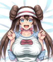 1girls blue_eyes blush brown_hair double_bun female female_only happy hat human human_only large_breasts nails nintendo pokemon pokemon_bw2 rosa_(pokemon) solo takecha twintails