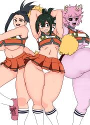 3girls armpits arms_above_head ashido_mina asui_tsuyu black_eyes black_sclera breasts cameltoe cheerleader cheerleader_uniform crop_top cropped_shirt female female_only high_ponytail horns huge_breasts large_breasts long_hair looking_at_viewer medium_hair messy_hair midriff mina_ashido miniskirt momo_yaoyorozu my_hero_academia open_mouth panties pom_poms ponytail short_hair skirt smile thick_thighs thighs tsuyu_asui u.a._cheerleader_outfit underboob wide_hips wrato yaoyorozu_momo yellow_eyes